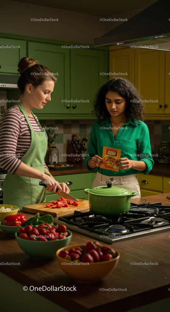 Women Cooking Together in a Bright and Colorful Kitchen Stock Photo Bundle preview