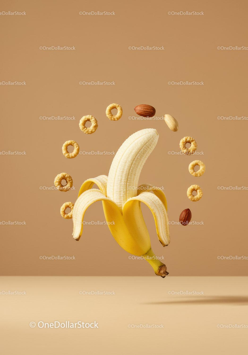 Peeled Banana Surrounded by Nuts and Cereal Rings