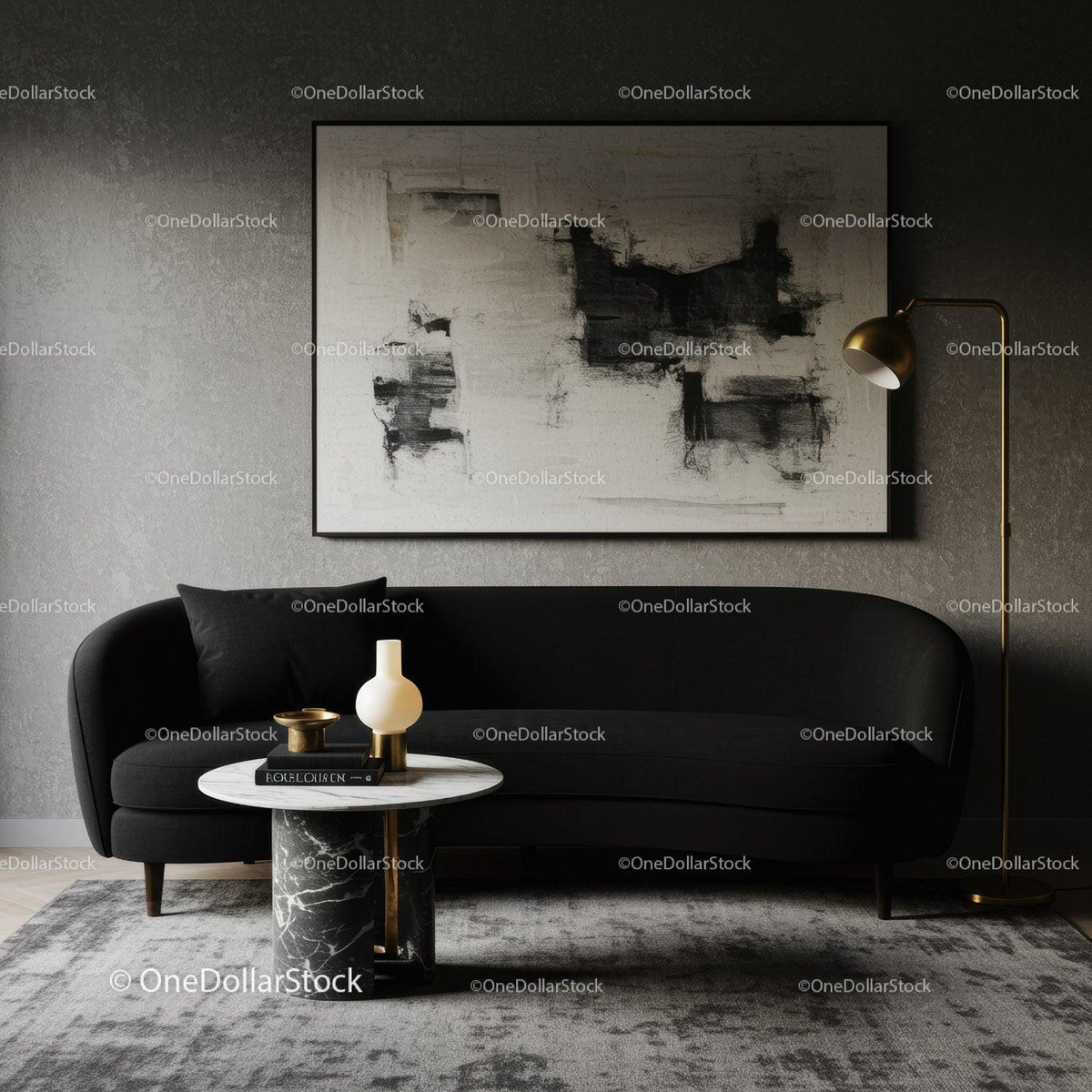 Modern living room with black sofa and abstract art