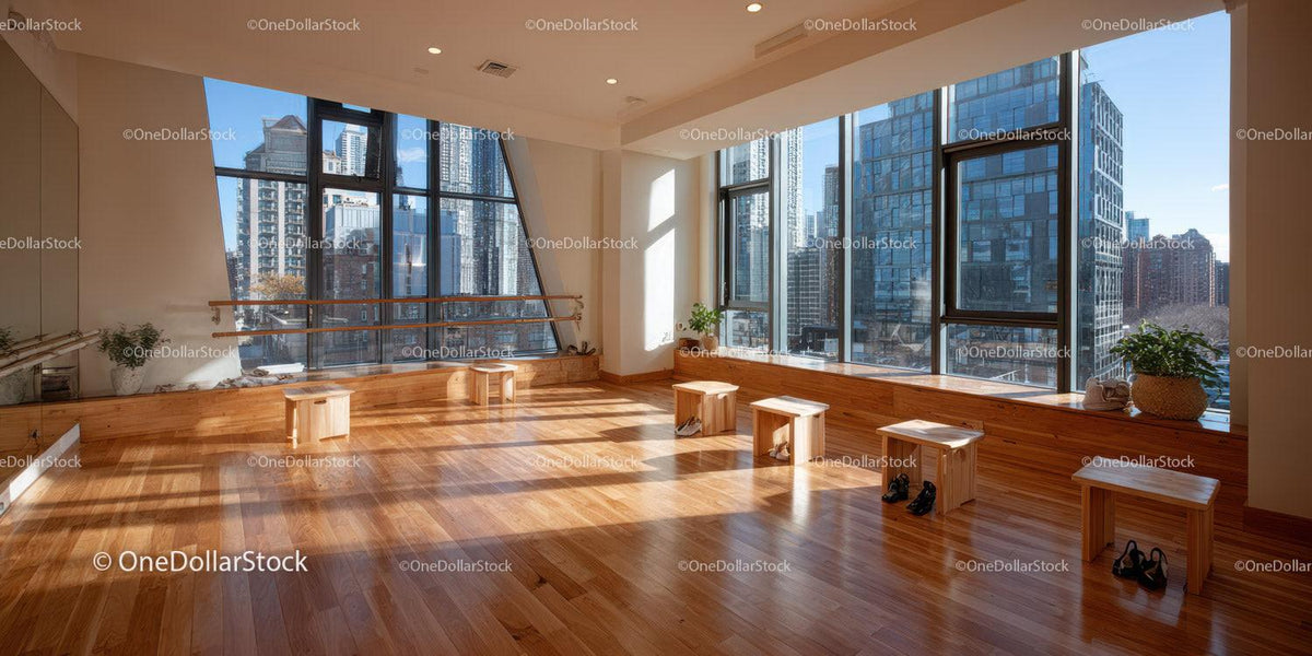 Bright Sunlit Studio with Floor-to-Ceiling Windows and Scenic City View