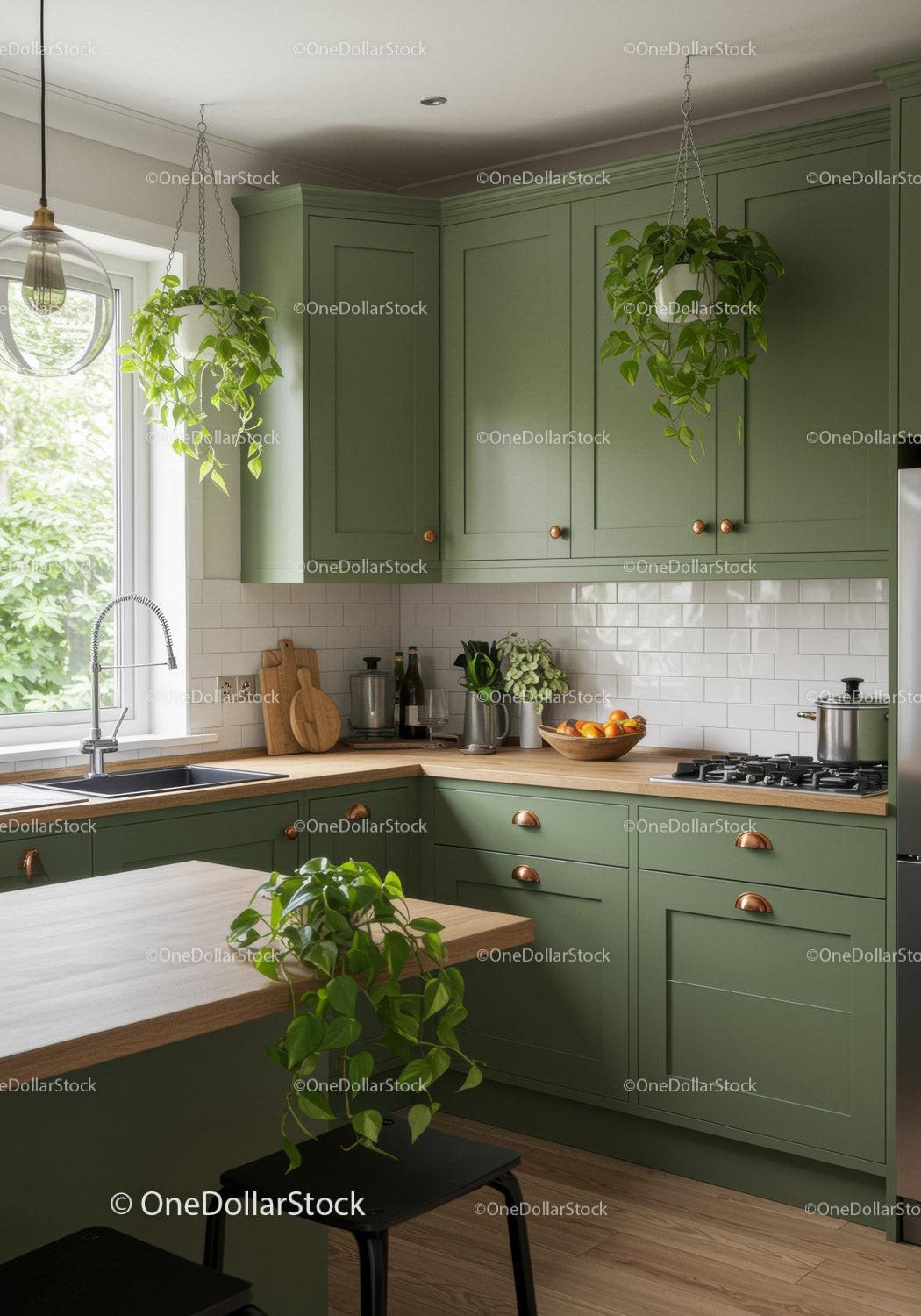 Stylish Green Kitchen with Potted Plants and Wooden Accents