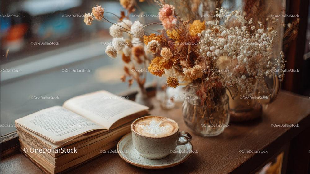 Cozy Literary Scene with Dried Flowers and Aromatic Coffee in Rustic Decor
