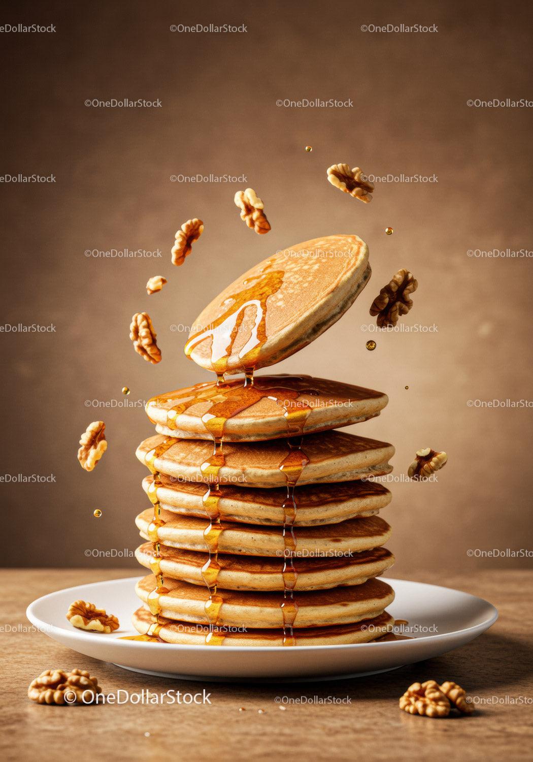 Stack of fluffy pancakes with walnuts and syrup