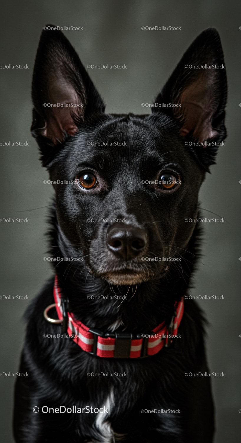 Alert black dog with striking amber eyes and red collar