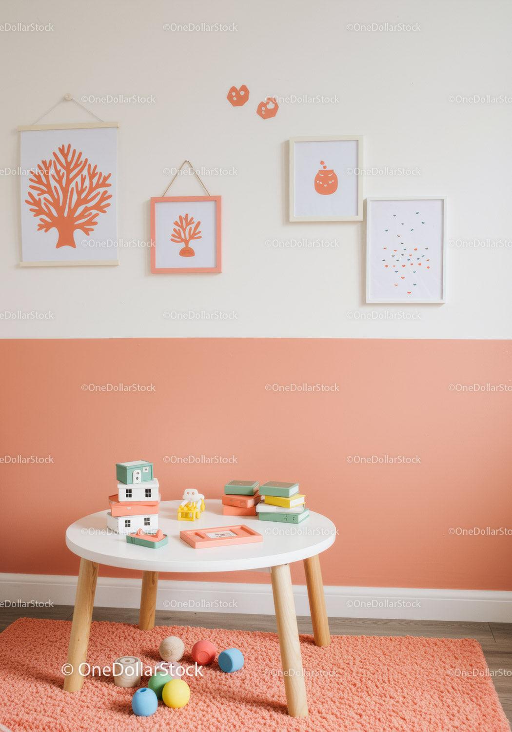 Decorative Children's Room with Pastel Wall Art, Playful Toys, and Cozy Interior