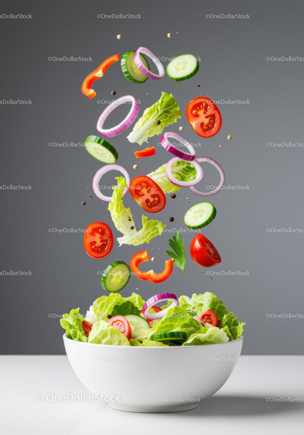 Fresh vibrant vegetables falling into white salad bowl