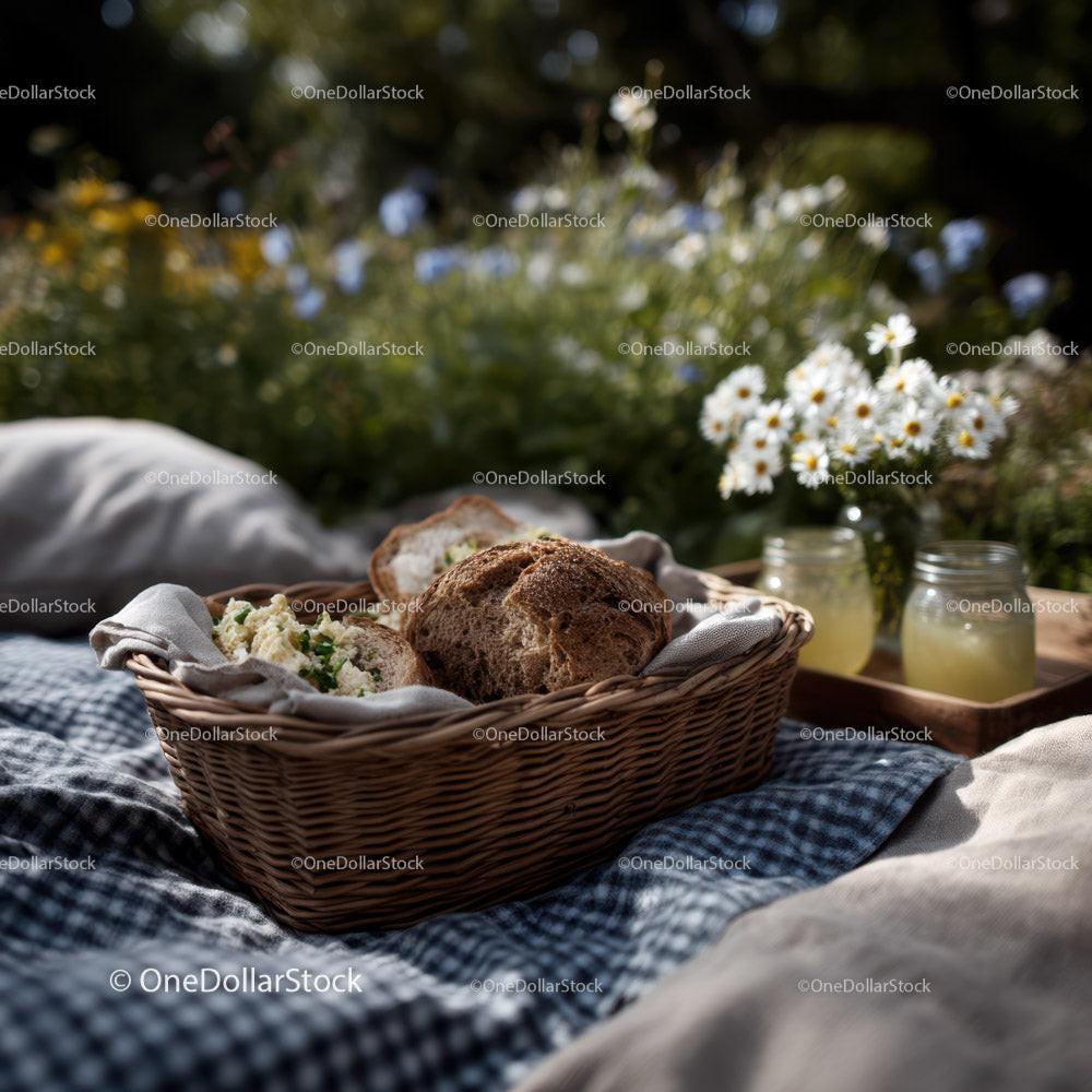Rustic Bread Basket with Milk Jars and Daisy Flowers in Outdoor Setting Stock Photo Bundle preview 8