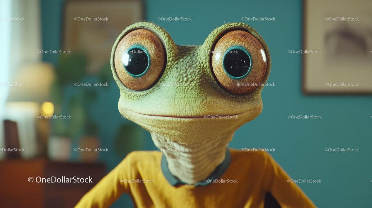 Frog figure with large eyes wearing yellow shirt in indoor room