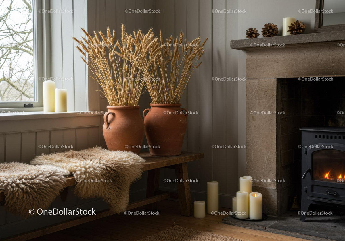 Cozy Rustic Corner with Fireplace and Earthenware Vases