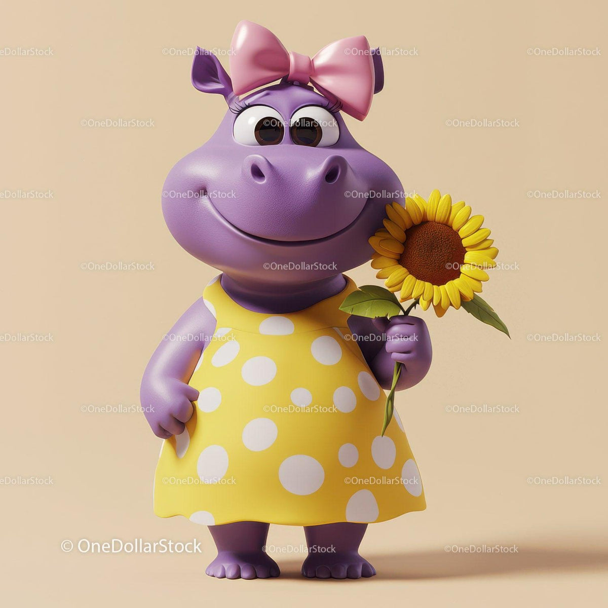 Purple hippo holding sunflower wearing yellow polka dot dress and pink bow
