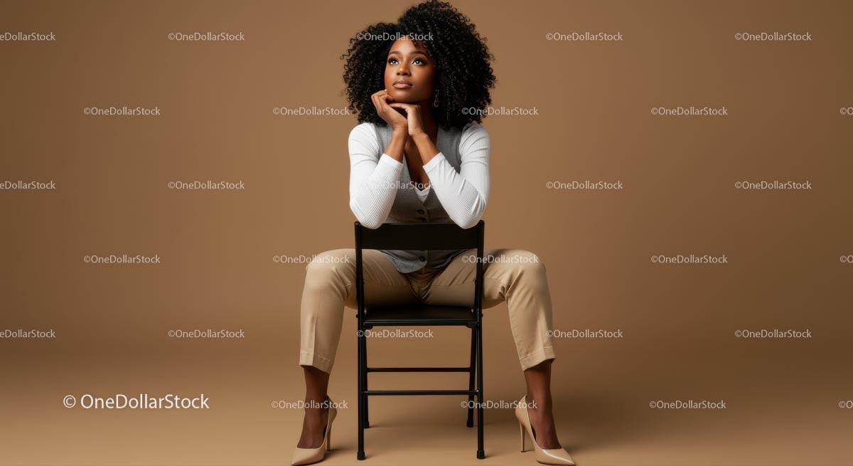 Thoughtful Woman Seated in Elegant Attire Against Brown Background Stock Photo Bundle preview 29