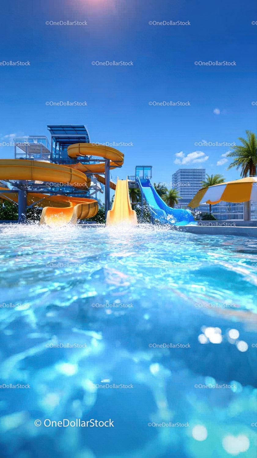 Colorful Water Slides in a Modern Water Park Under Clear Blue Sky