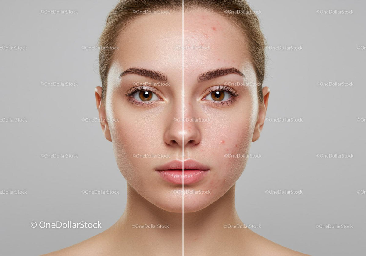Skincare Transformation Face of Woman with Acne and Clear Skin