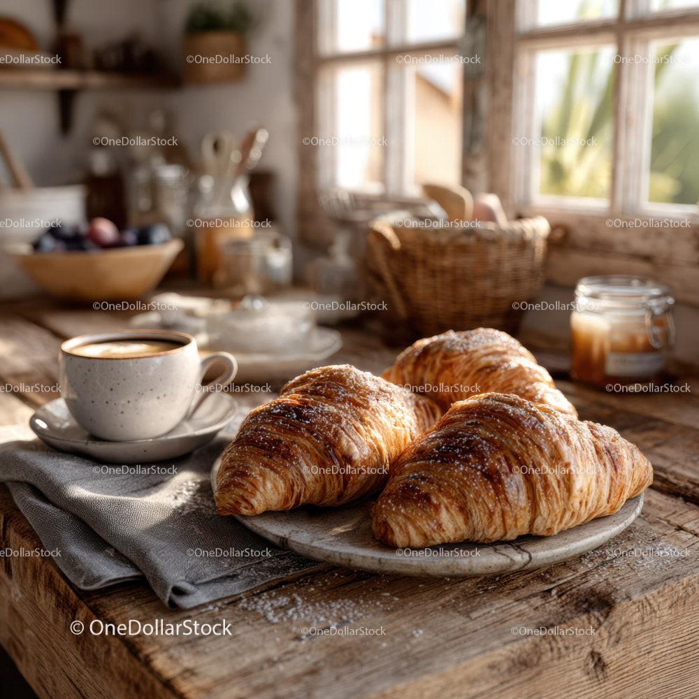Fresh Croissants and Coffee on a Rustic Kitchen Table