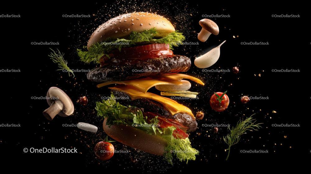 Juicy Gourmet Burger with Fresh Vegetables on Dark Background Stock Photo Bundle preview 5