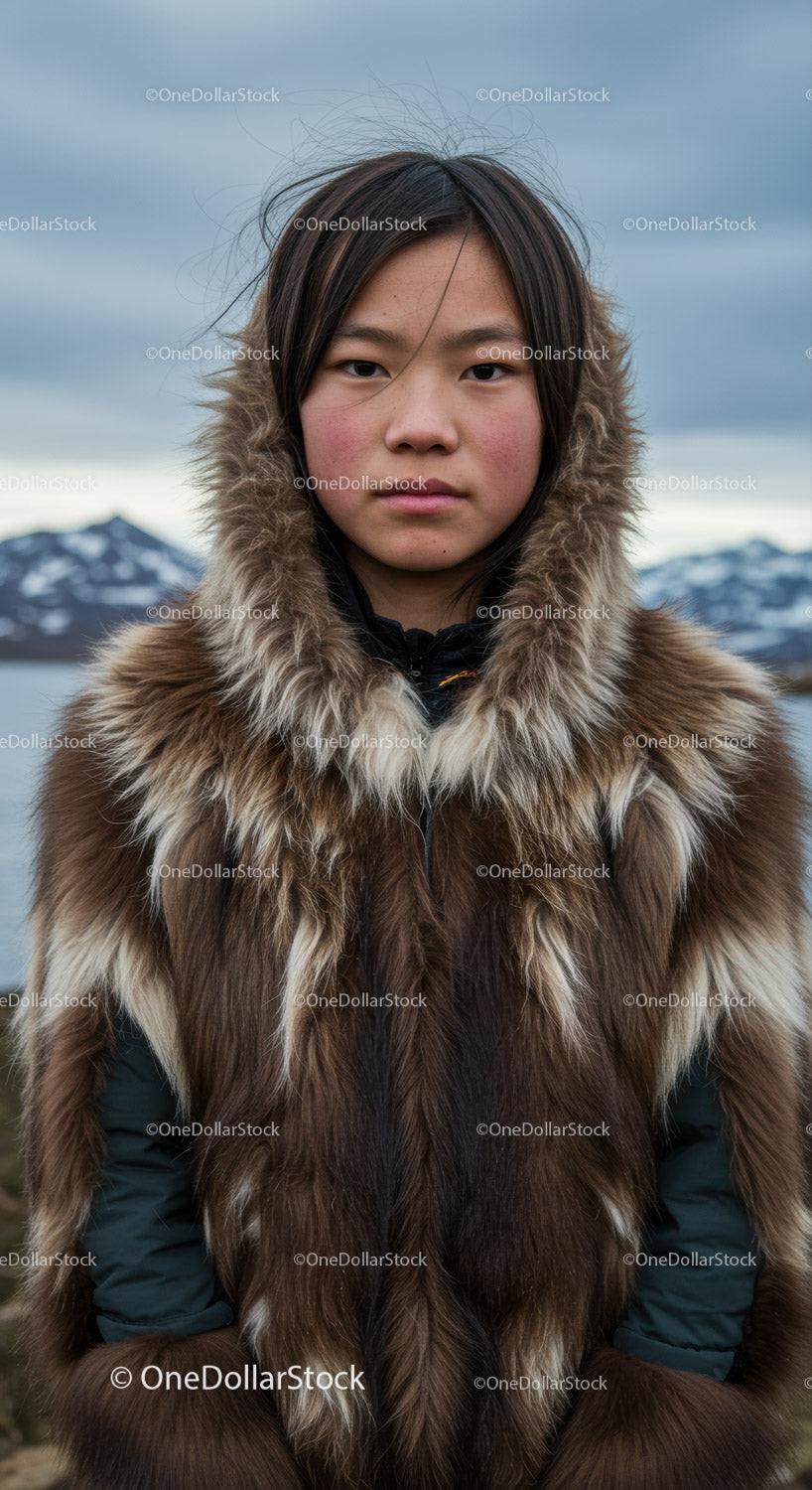 Young Woman in Fur Coat Surrounded by Mountain and Lake Landscape