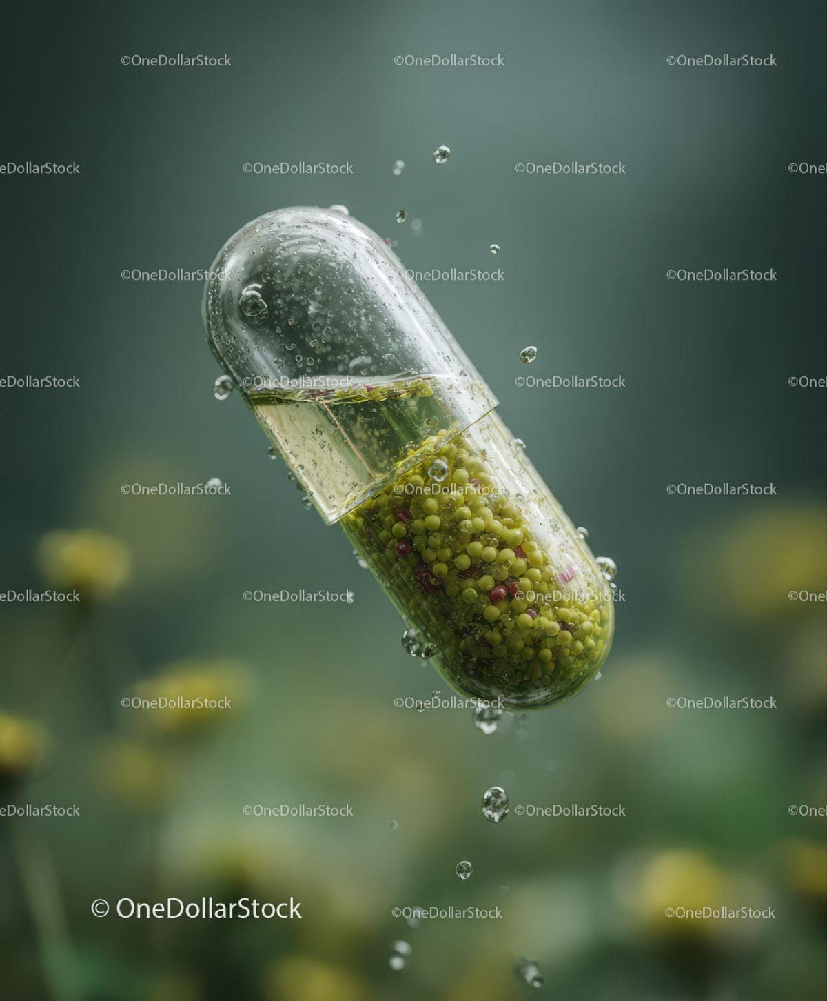 Transparent capsule filled with small yellow and red beads floating in water with bubbles and green blurred background