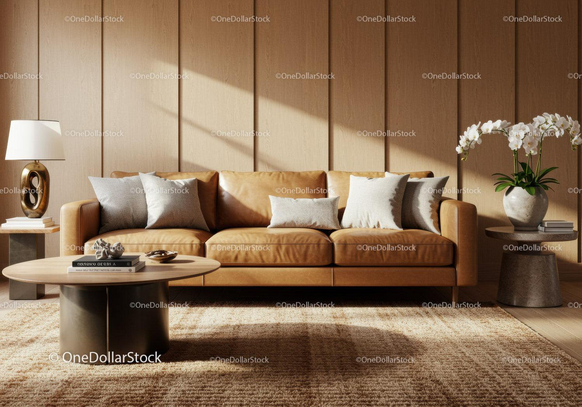Modern cozy living room with leather sofa and soft light