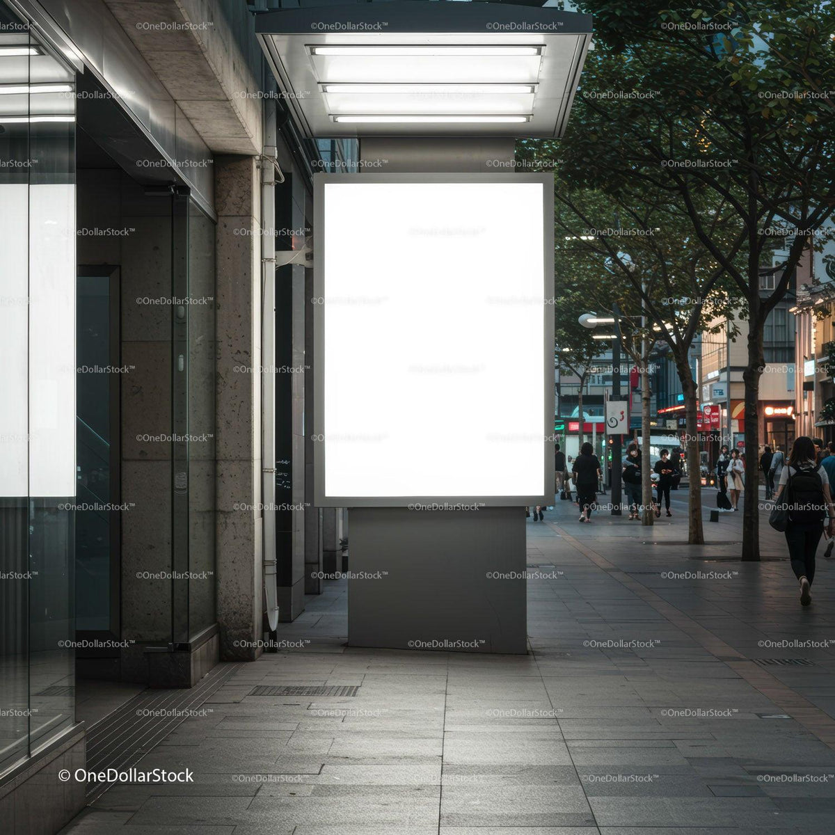 Empty illuminated billboard in urban evening street scene JPG Mockup Image preview