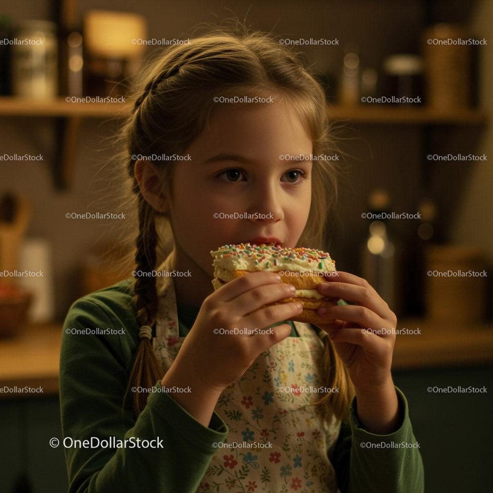 Girl Eating a Colorful Donut in a Cozy Kitchen Stock Photo Bundle preview 10