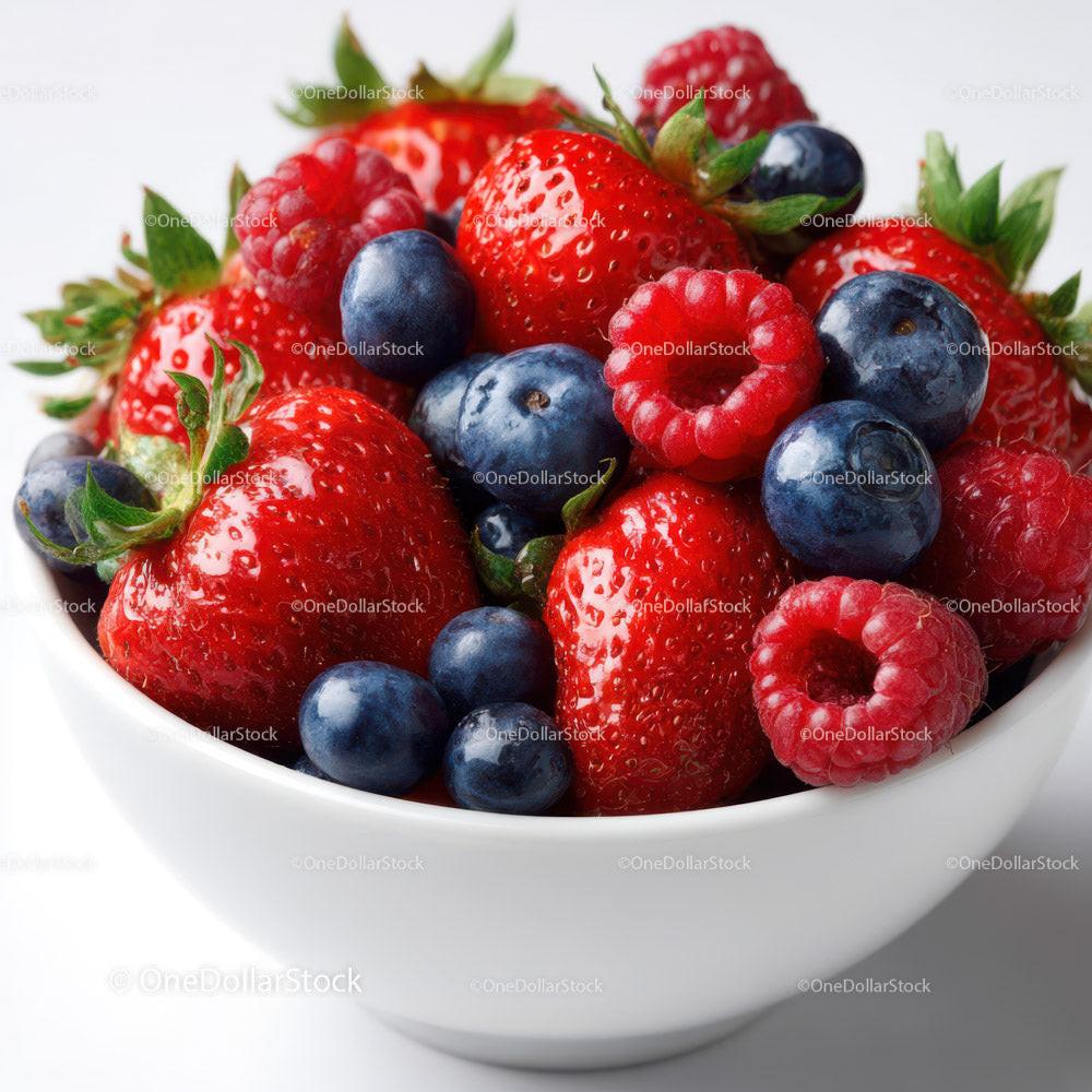 Fresh Mixed Berries in a White Bowl with Green Leaves Stock Photo Bundle preview 15