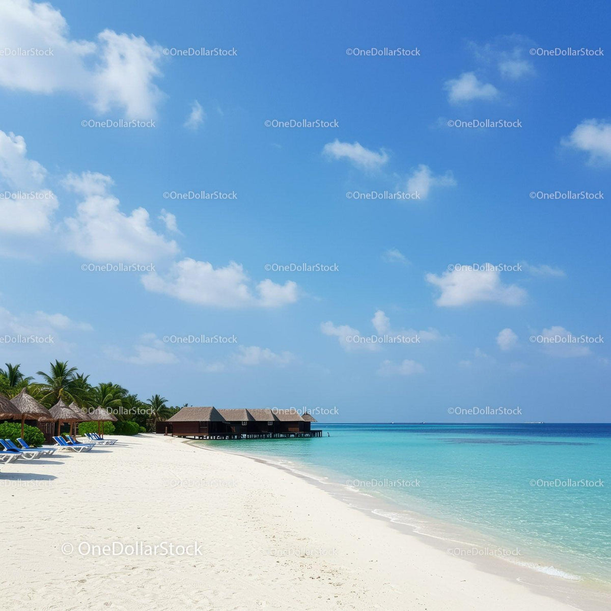 Tropical Beach with Overwater Bungalows and Clear Turquoise Water