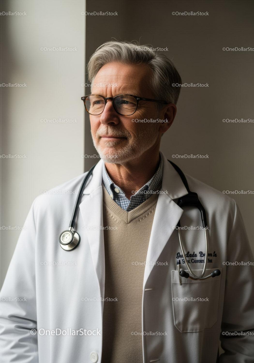 Senior Male Doctor with Glasses and Stethoscope in Clinical Setting