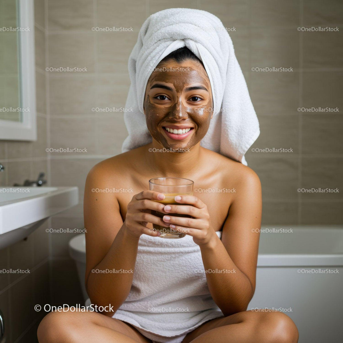 Young Woman with Facial Mask Relaxing and Drinking in Bathroom