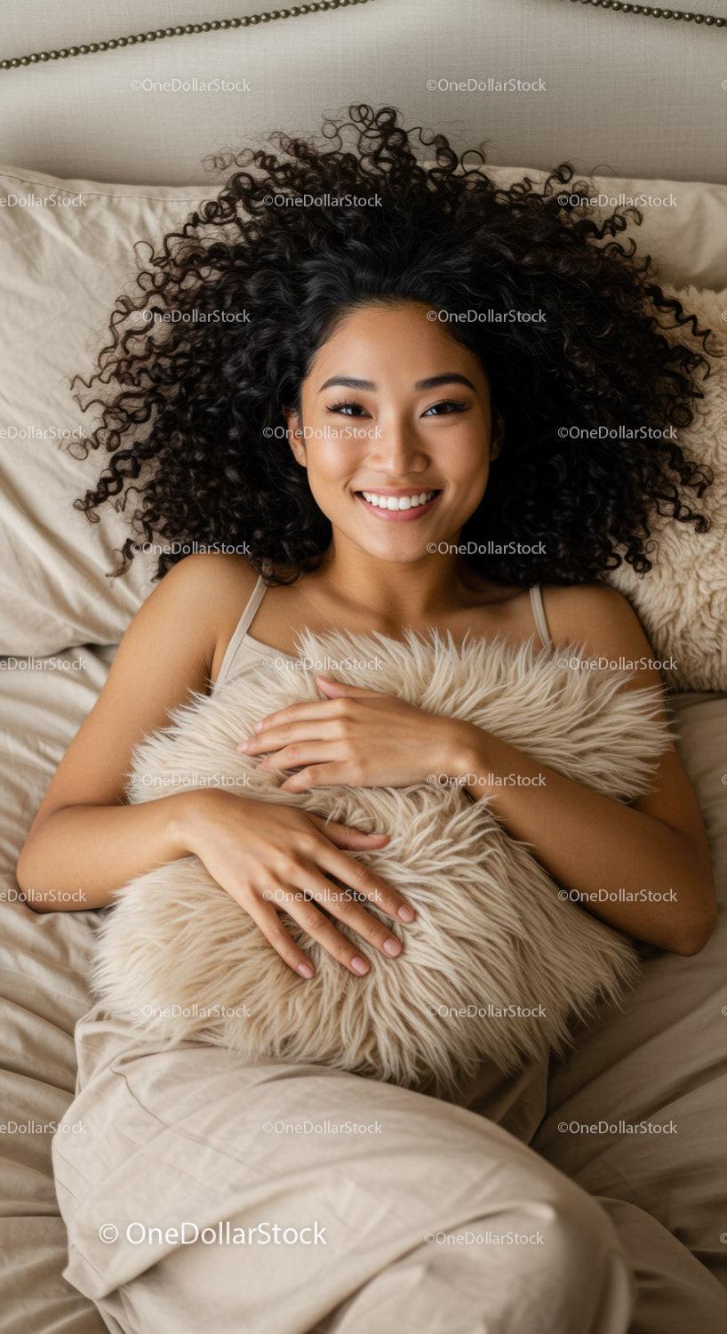 Smiling woman relaxing in bed with cozy pillow