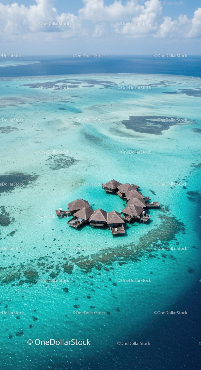 Overwater Bungalows in Turquoise Waters of Tropical Island Paradise