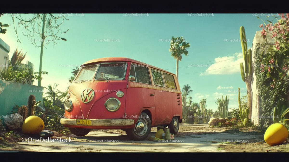 Red vintage Volkswagen camper van parked on a sunlit paved area with desert plants and palm trees