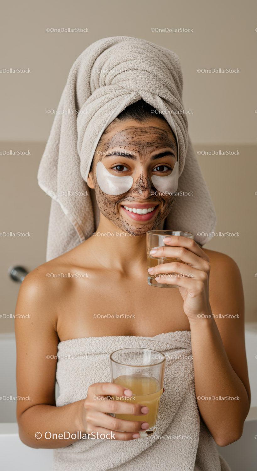 Young Woman Relaxing with Facial Mask and Towel Wrapped Hair