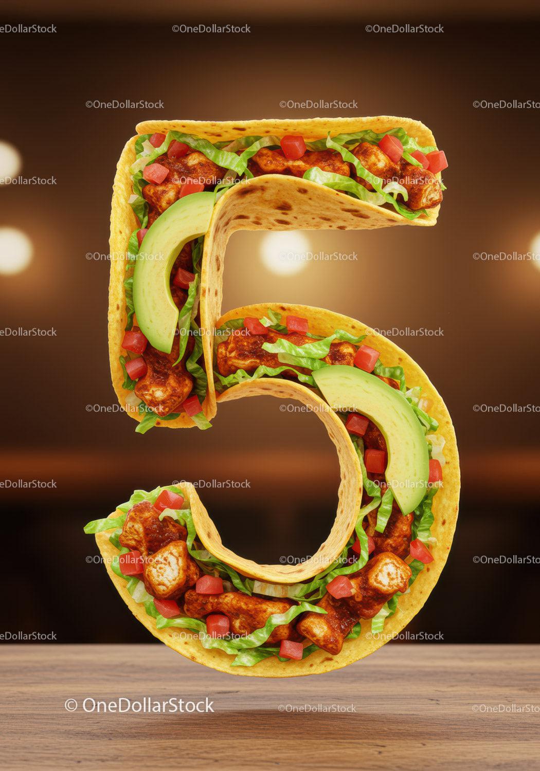 Taco shaped as number five filled with fresh ingredients