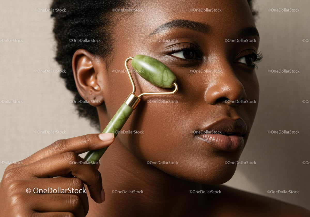 African Woman Using Jade Roller for Facial Skincare and Wellness