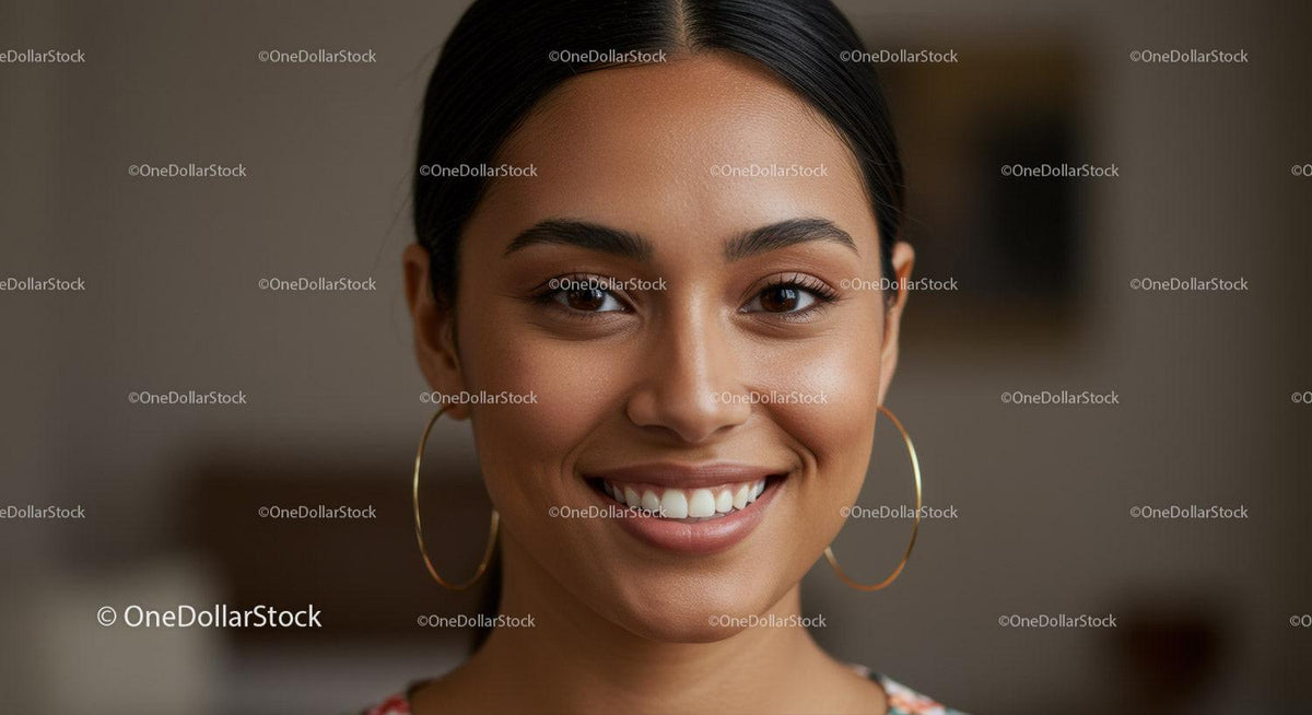 Smiling Woman with Hoop Earrings in Bright Close-Up Portrait