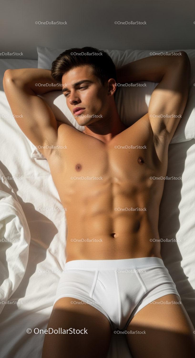 Young man resting on bed in white underwear