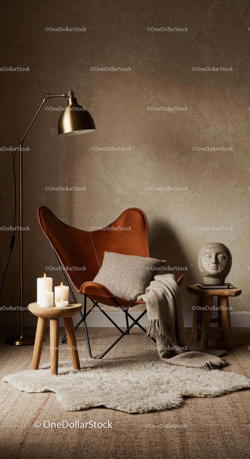 Cozy Reading Corner with Leather Chair and Warm Decor