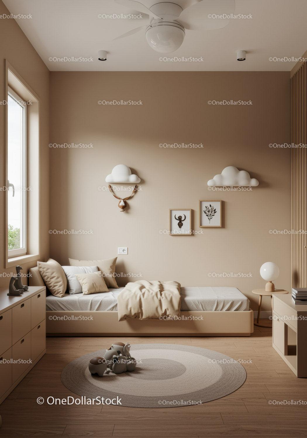 Cozy Scandinavian Bedroom with Wooden Furniture and Cloud Wall Decor