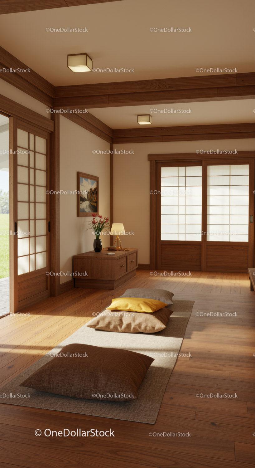 Elegant Japanese Inspired Room with Tatami Mats and Sliding Doors