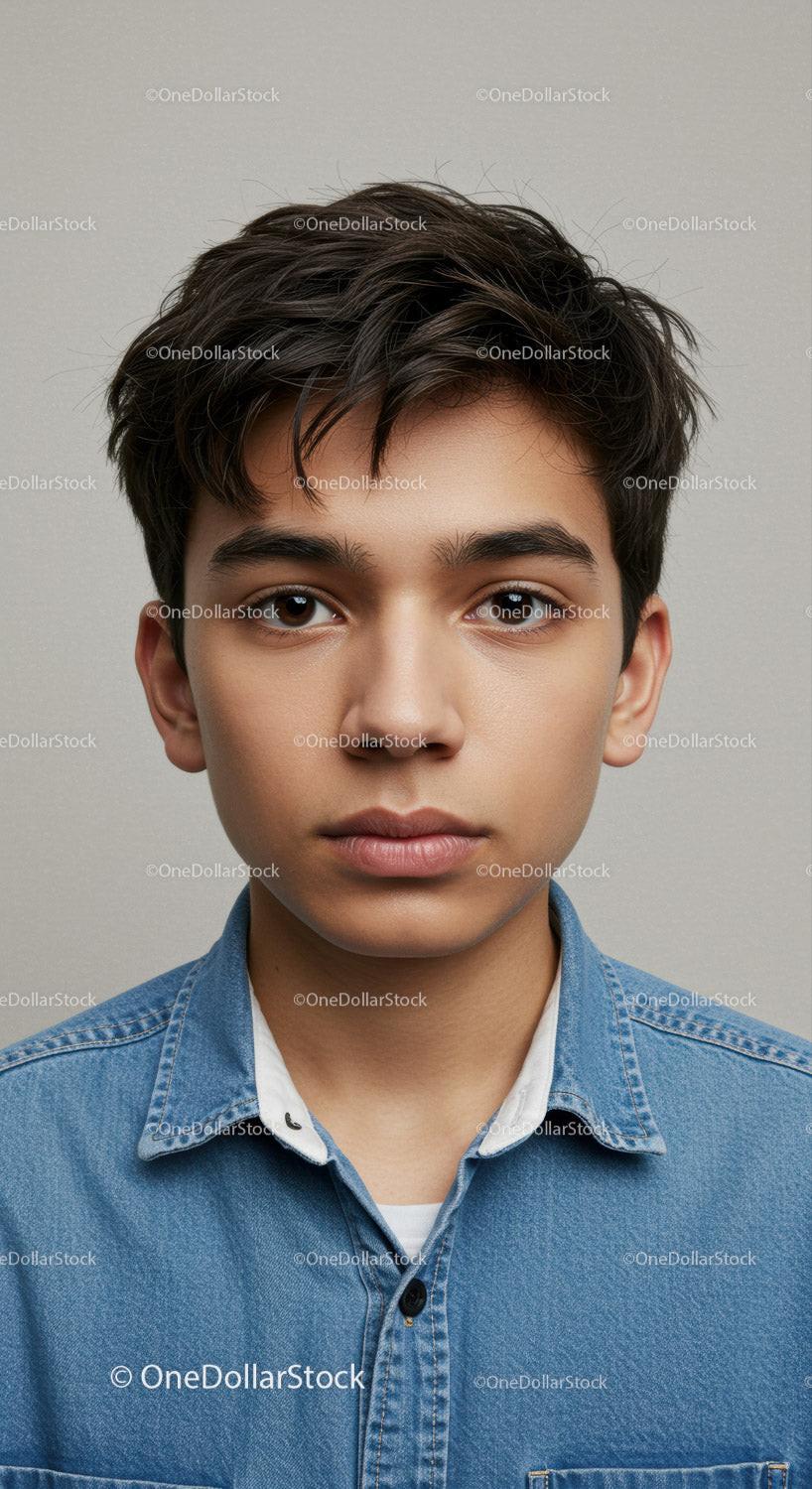 Teenage Boy Wearing Denim Shirt Posing Against Neutral Background