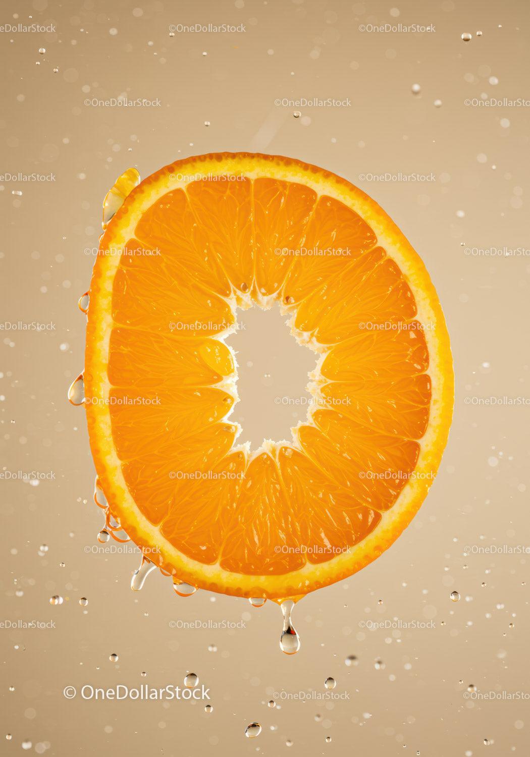 Fresh Orange Slice with Water Droplets Close Up