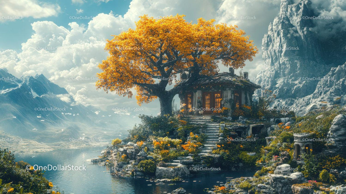 Stone cottage by golden tree on rocky hill with steps and lake under cloudy sky