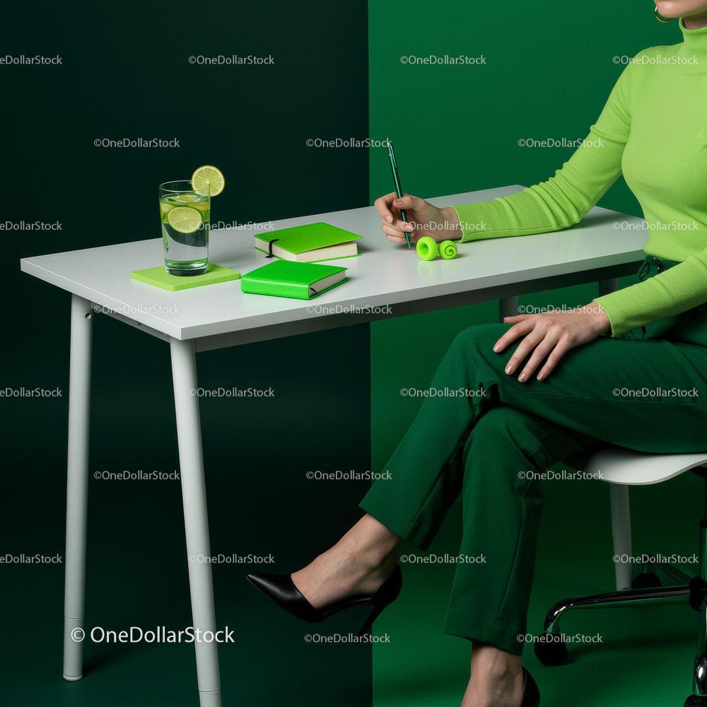 Stylish Woman in Green with Refreshing Drink in Modern Workspace Stock Photo Bundle preview 9