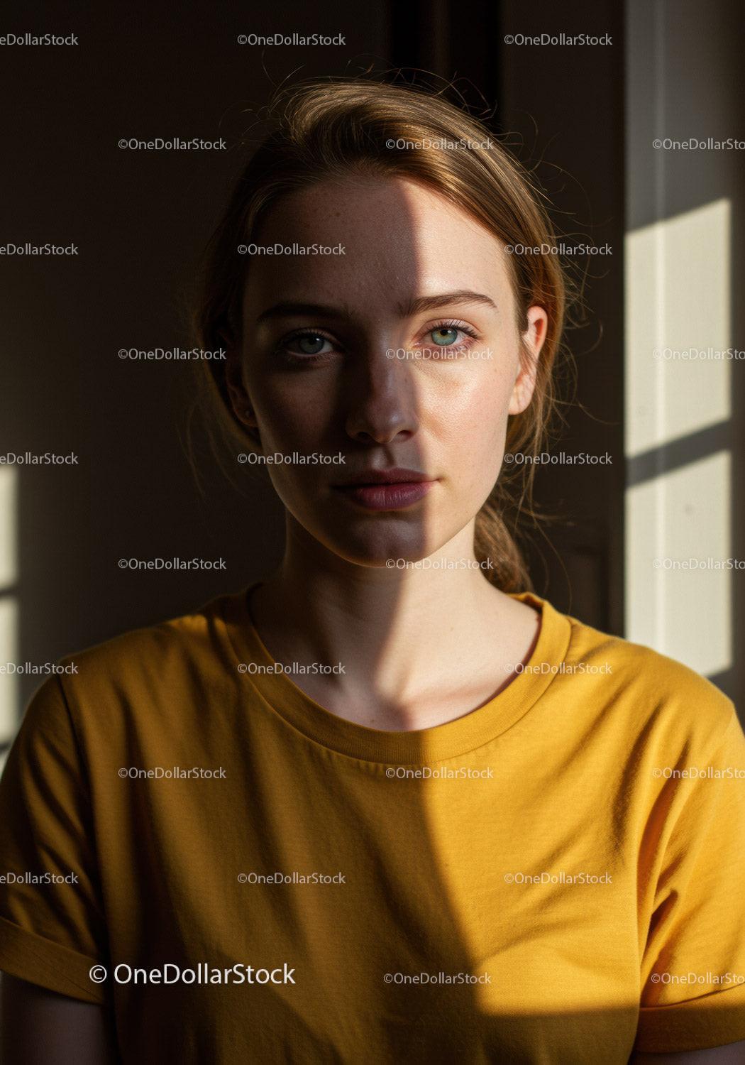 Portrait of a Young Woman with Sunlight Shadows in a Casual Setting