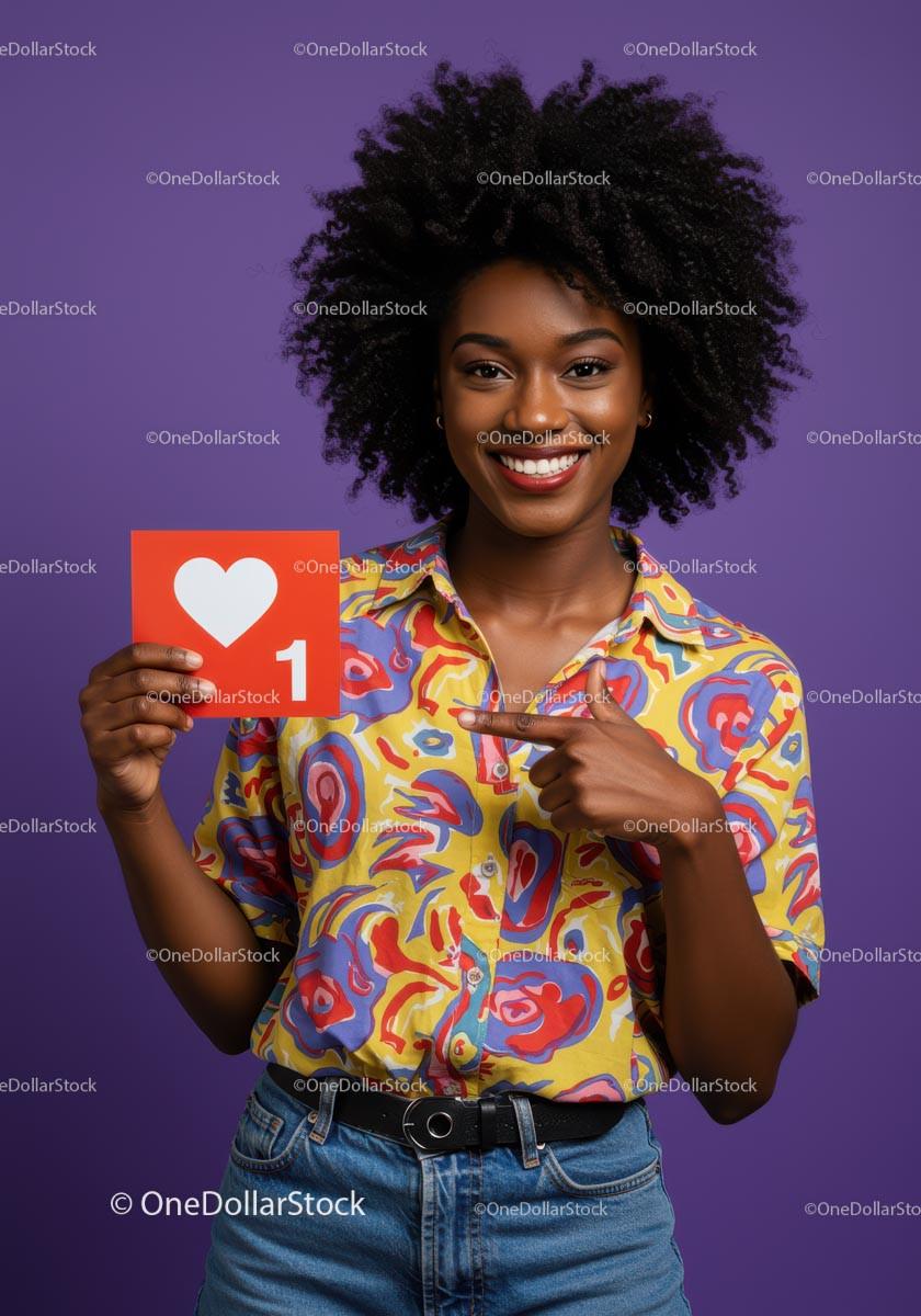 Smiling Woman Holding Heart Sign with Colorful Shirt Against Purple Background Stock Photo Bundle preview 21