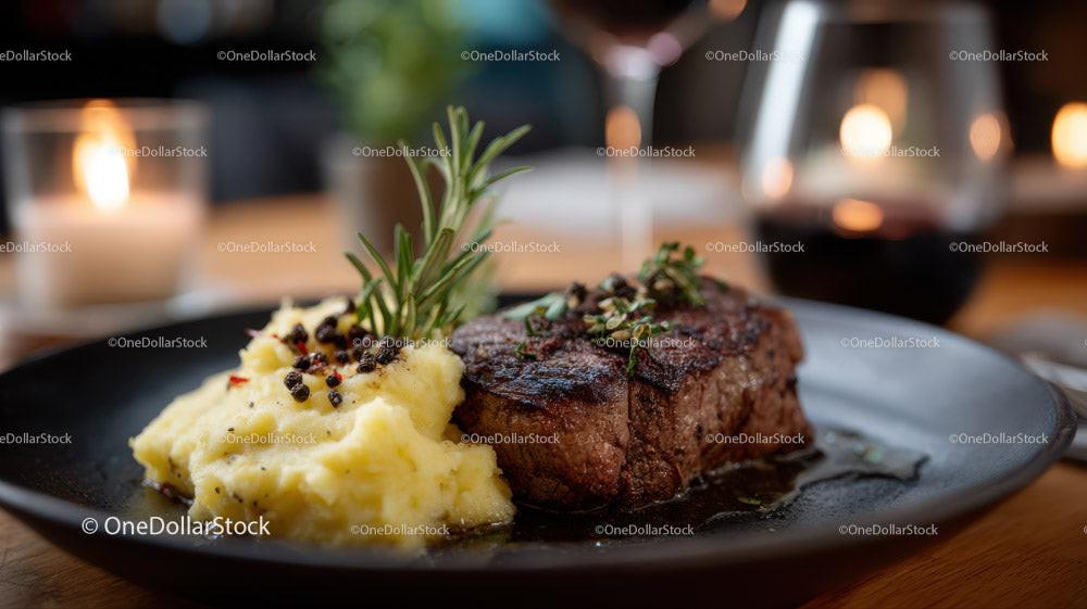 Juicy Steak with Mashed Potatoes and Herb Garnish in Elegant Restaurant Stock Photo Bundle preview 27