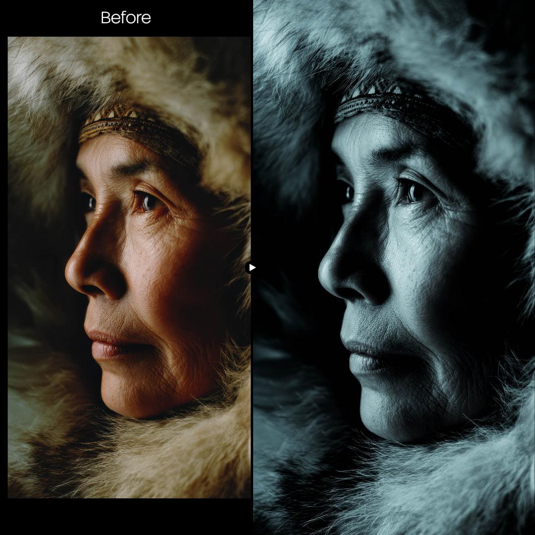 Before and after Mono Cold Lightroom preset edit