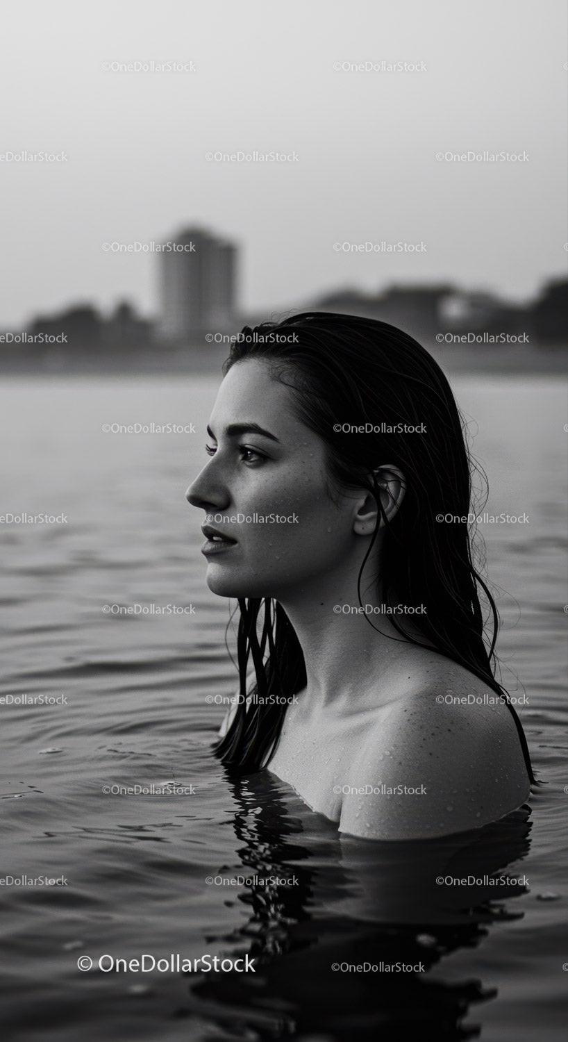 Serene Woman with Wet Hair in Water Profile Shot for Calm Mood