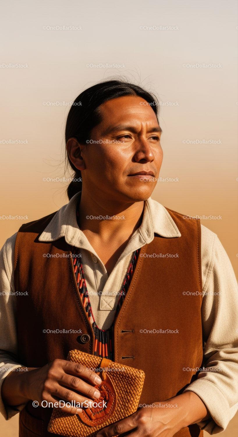 Portrait of an Indigenous Man in Traditional Clothing in Desert Landscape