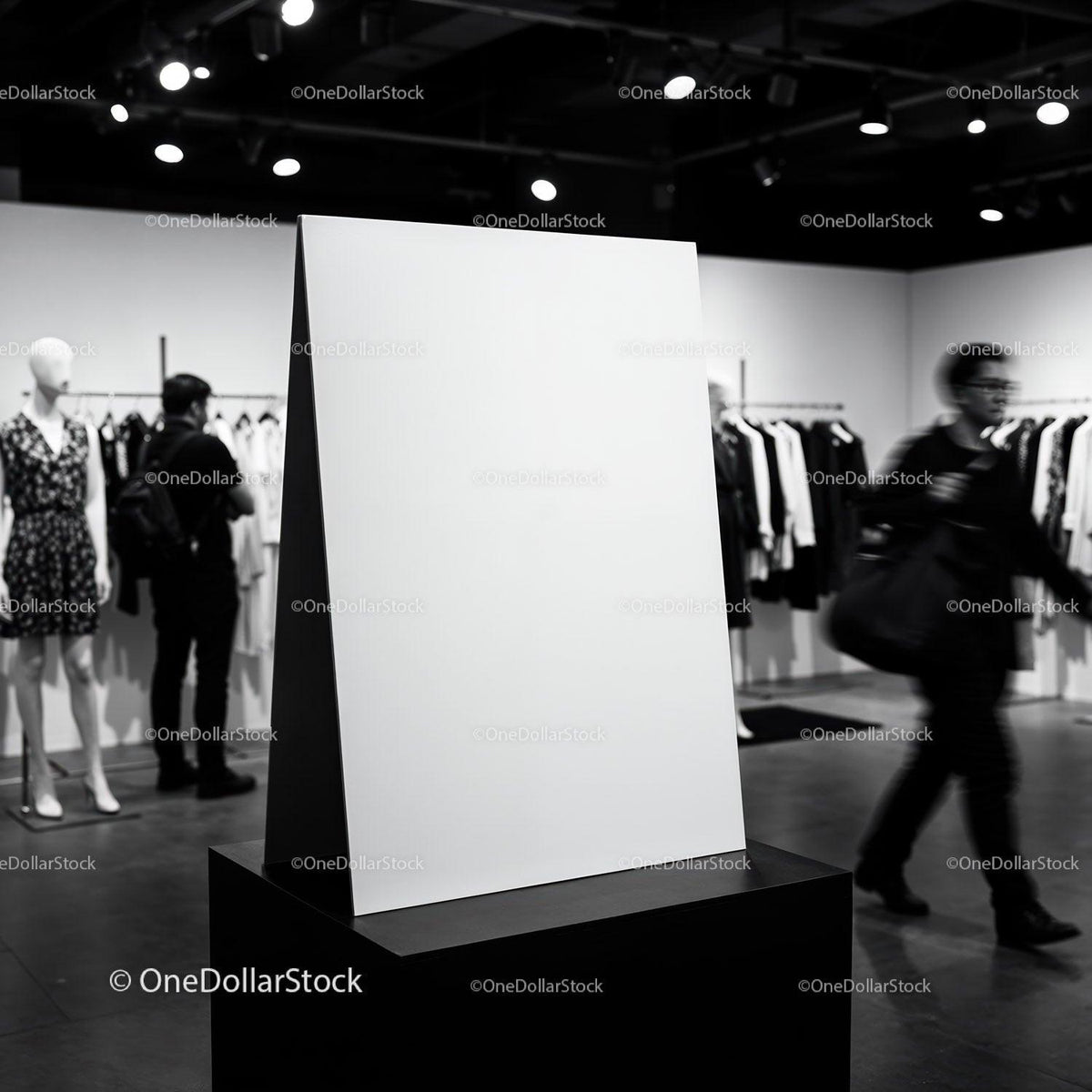 Blank white poster stand in modern fashion boutique JPG Mockup Image preview